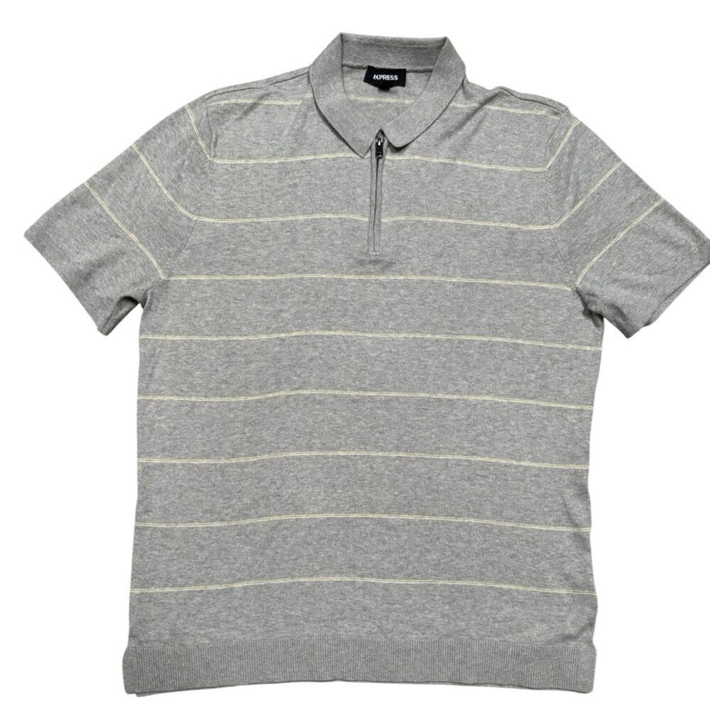 Tipped Zip Grey Short Sleeve Polo Men Shirt Size Large